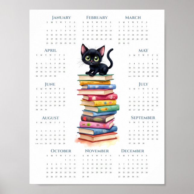 2026 1-Page Calendar Black Cat on Colourful Books Poster (Front)