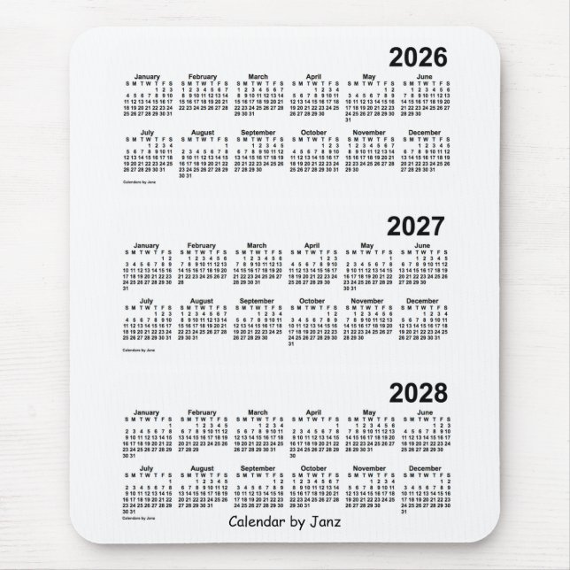 2026-2028 White 3 Year Calendar by Janz Mouse Pad (Front)