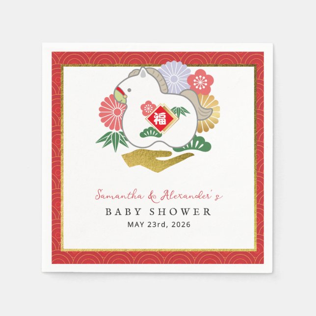 2026 A Little Horse Is On The Way Red Baby Shower Napkin (Front)