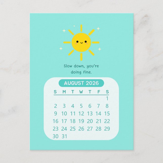 2026 August Monthly Kawaii Motivational Calendar Postcard (Front)