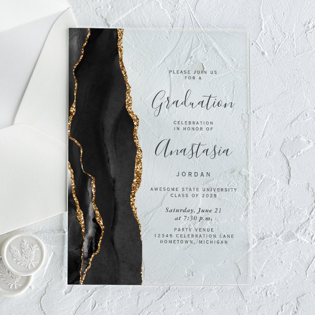 2026 Black Gold Agate Grey Text Graduation Acrylic Invitations (Creator Uploaded)