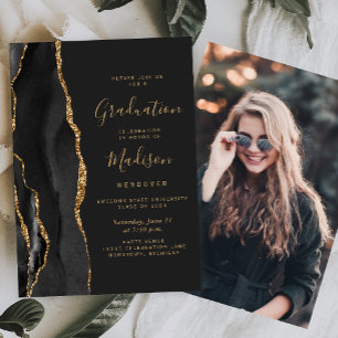 2026 Black Gold Agate Photo Dark Graduation Invitation