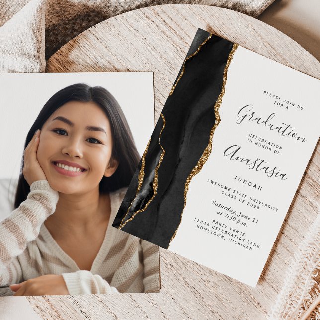 2026 Black Gold Agate Photo Graduation Invitation (Creator Uploaded)