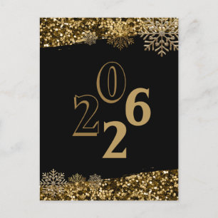 2026  Black Gold Glitter Snowflake New Year  Postcard