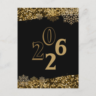 2026 Black Gold Glitter Snowflake New Year Postcard