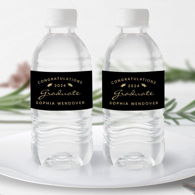 2026 Black Gold Script Cap Graduation Water Bottle Label (Creator Uploaded)