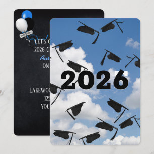 2026 Black Graduation Caps in Sky  Invitation