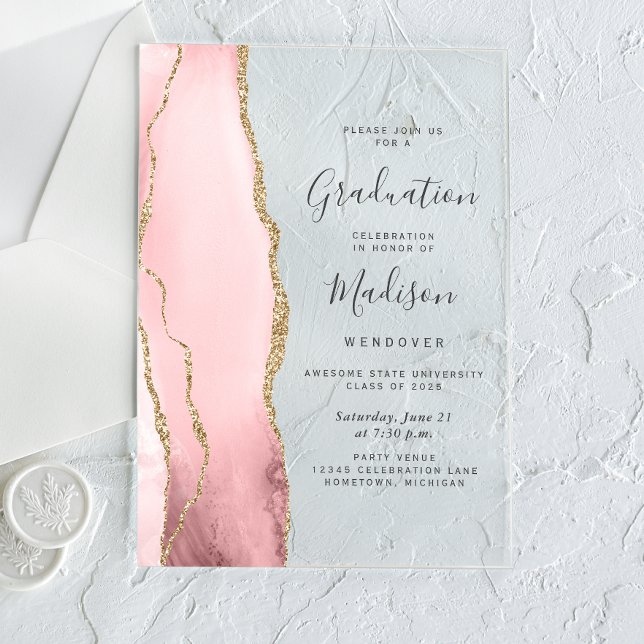 2026 Blush Pink Gold Agate Grey Text Graduation Acrylic Invitations (Creator Uploaded)