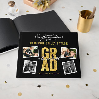 2026 Bold Gold GRAD 4 Multi Photo Graduation Party Guest Book