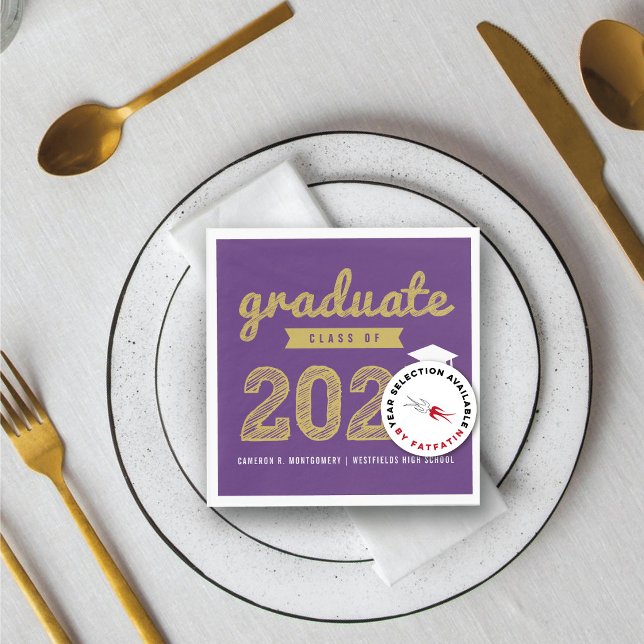 2026 Bold Gold Sketch Text Modern Graduation Party Napkin (2026 Bold Gold Sketch Graduate On Purple Modern Graduation Party Paper Napkins @ color_therapy)