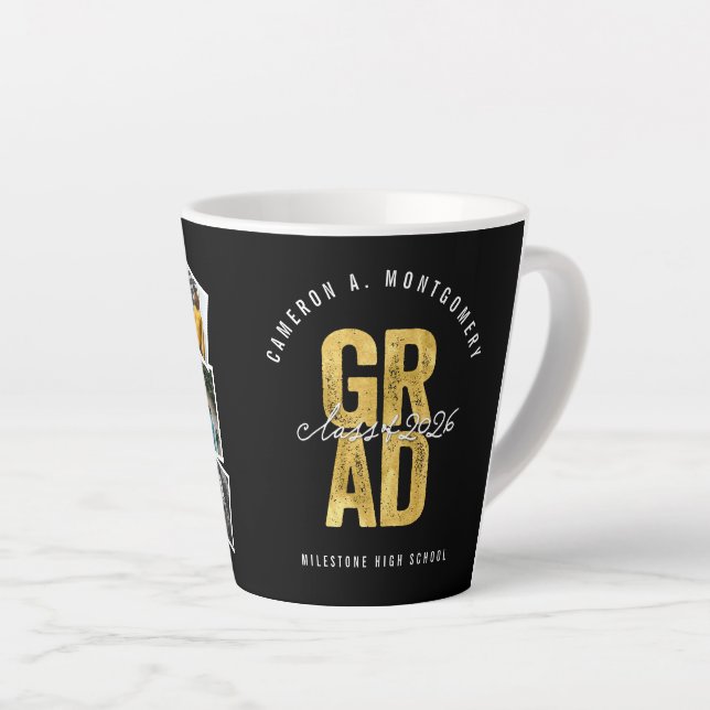 2026 Bold GRAD 8 Photo Modern Stylish Graduation Latte Mug (Right Angle)