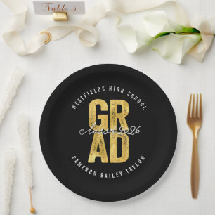 2026 Bold GRAD Gold Foil Stylish Graduation Party Paper Plate