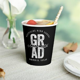 2026 Bold GRAD Silver Foil Modern Graduation Party Paper Cups