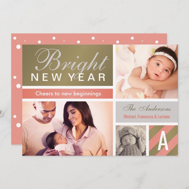 2026 Bright New Year Rose Gold Photo Collage Holiday Card (Front/Back)