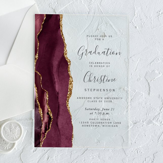 2026 Burgundy Gold Agate Grey Text Graduation Acrylic Invitations (Creator Uploaded)