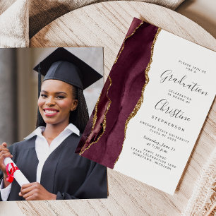 2026 Burgundy Gold Agate Photo Graduation Invitation