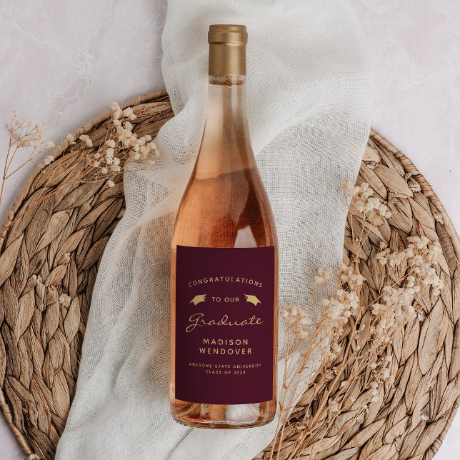 2026 Burgundy Gold Script Cap Graduation Wine Label (Creator Uploaded)