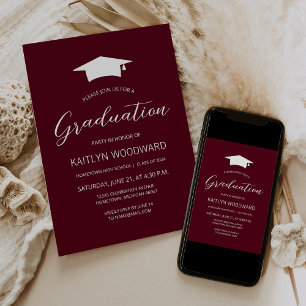 2026 Burgundy White Cap Modern Graduation Party Invitation