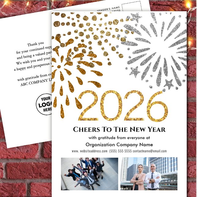 2026 Business Photo Festive Fireworks Gold Glitter Holiday Postcard (Creator Uploaded)