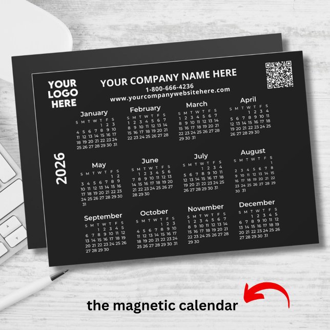 2026 Business Your Logo QR Black Calendar Magnet (Creator Uploaded)