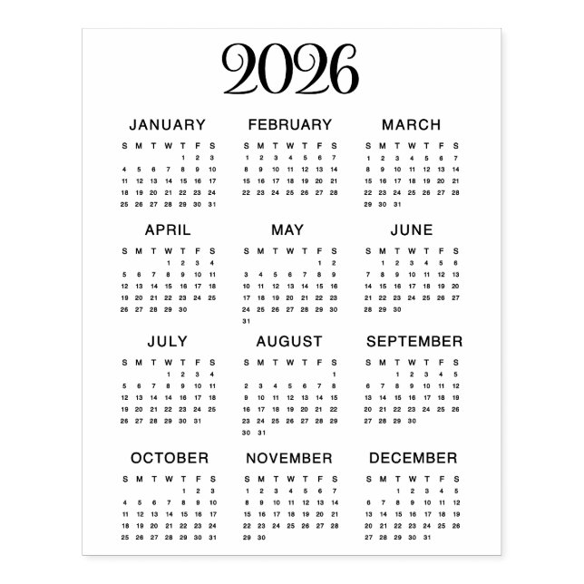 2026 Calendar #1 Four Rows, Three Columns Rubber Stamp (Imprint)