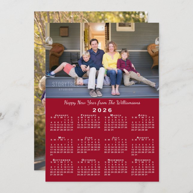 2026 Calendar 2 Custom Photos Red Happy New Year Holiday Card (Front/Back)