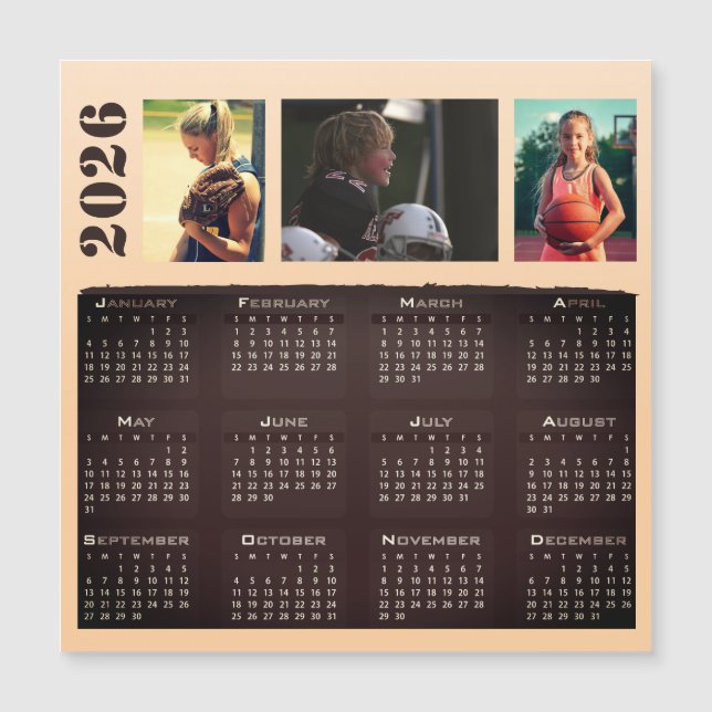 2026 Calendar 3 Photo Collage Magnet Card (Front)