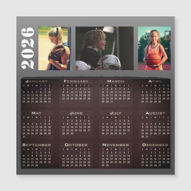 2026 Calendar 3 Photo Collage Magnet Card (Front)