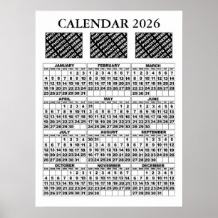 2026 Calendar Add 3 Photos Poster White 18x24in