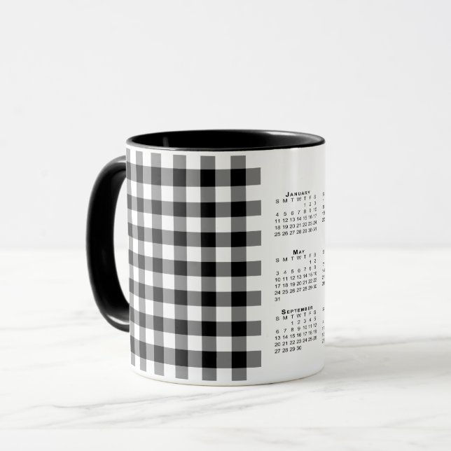 2026 Calendar Black White Gingham Plaid Template Mug (Front Left)