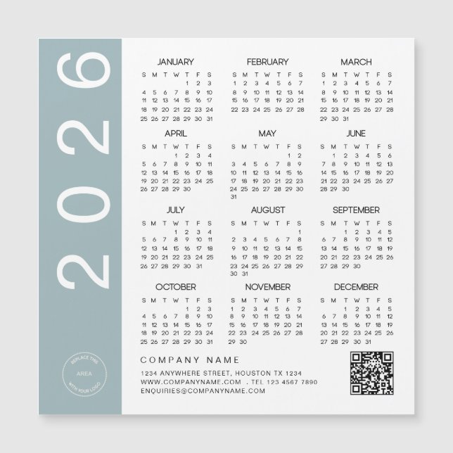 2026 Calendar Blue Border QR Code Company Logo (Front)