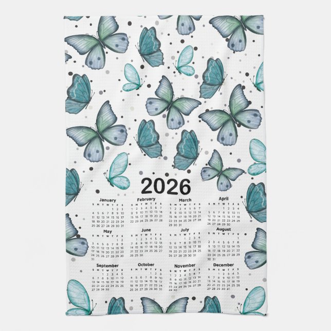 2026 Calendar Blue Green Butterflies Pattern Tea Towel (Vertical)