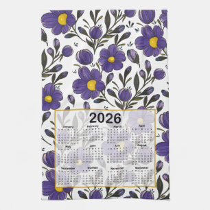 2026 Calendar Blue Violet Flowers with Leaves Tea Towel