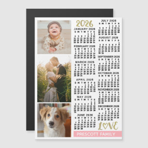2026 Calendar Blush Pink Gold Custom Family Photos Magnetic Invitation