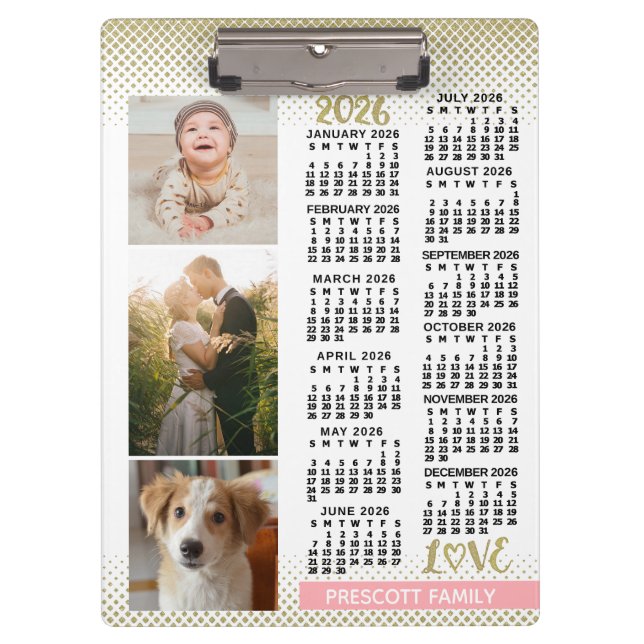 2026 Calendar Blush Pink Gold Family Photo Collage Clipboard (Front)