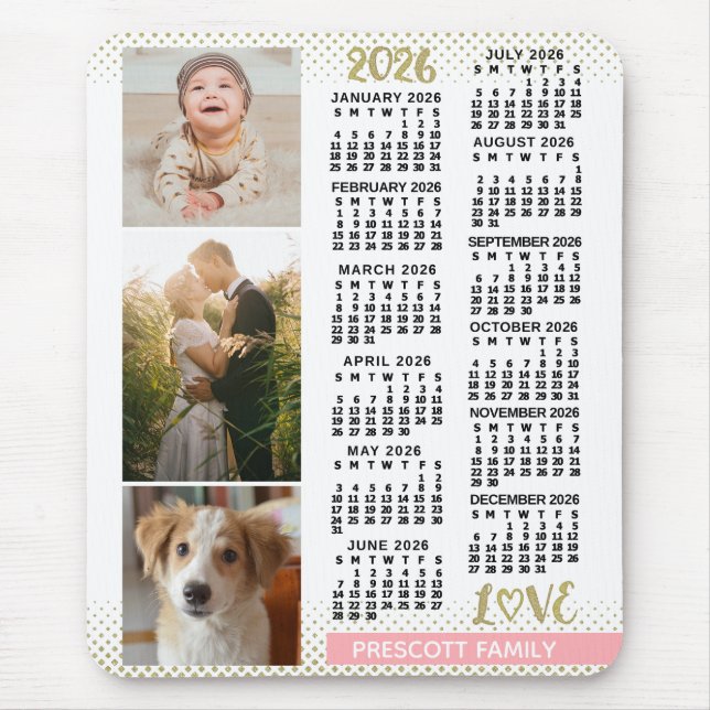 2026 Calendar Blush Pink Gold Family Photo Collage Mouse Pad (Front)