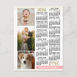 2026 Calendar Blush Pink Gold Family Photo Collage Postcard