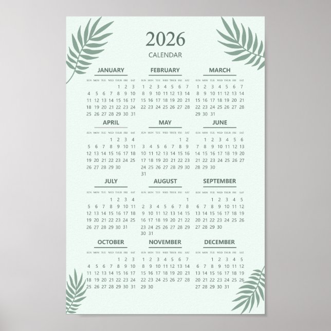 2026 Calendar Boho Floral Aesthetic Mint Green Poster (Front)