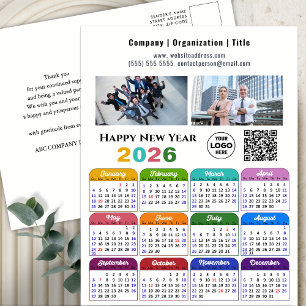 2026 Calendar Business 2 Photo Logo QR Code Colour Holiday Postcard