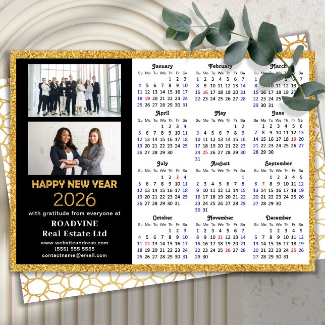 2026 Calendar Business 2 Photo Modern Black Gold Holiday Card (Creator Uploaded)