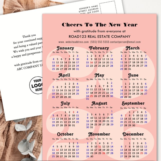 2026 Calendar Business Elegant Pink Minimalist Holiday Postcard (Creator Uploaded)