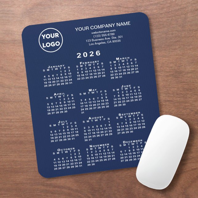 2026 Calendar Business Logo and Text Navy Blue Mouse Pad (2026 Calendar Business Logo and Text Navy Blue Mouse Pad, in situ)