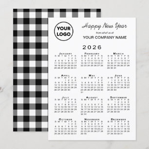 2026 Calendar Business Logo Black White Gingham Holiday Card