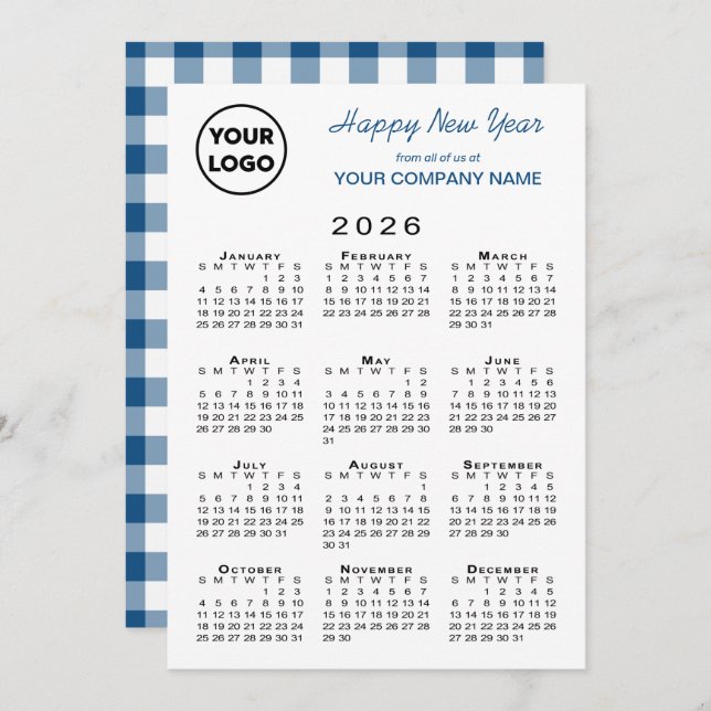 2026 Calendar Business Logo Blue White Gingham Holiday Card (Front/Back)