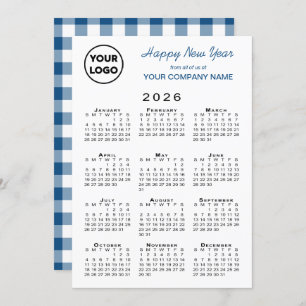 2026 Calendar Business Logo Blue White Gingham Holiday Card