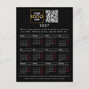 2026 Calendar Business Logo Contact Detail QR Code Postcard