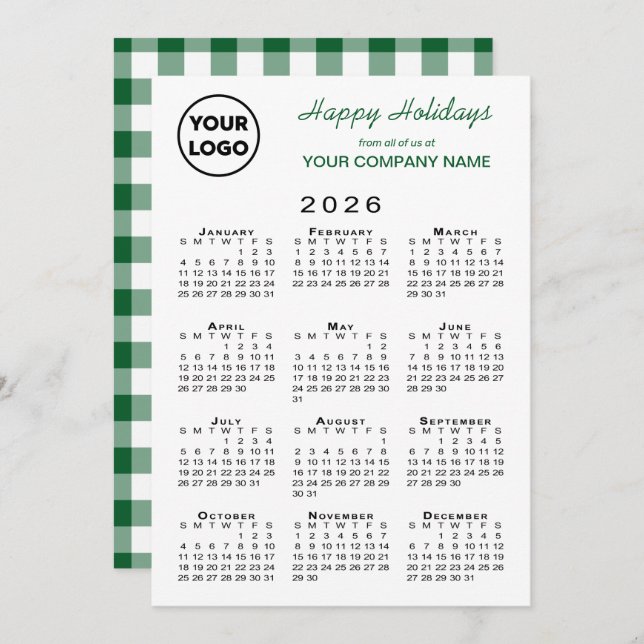 2026 Calendar Business Logo Green White Gingham Holiday Card (Front/Back)