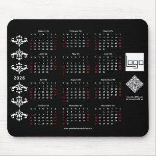 2026 Calendar Business Logo QR Code Black Baroque Mouse Pad