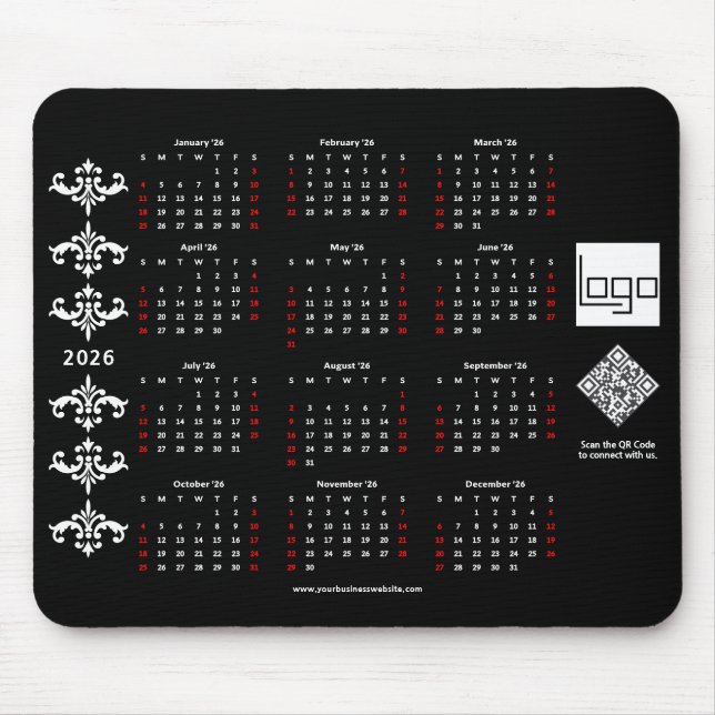 2026 Calendar Business Logo QR Code Black Baroque Mouse Pad (Front)