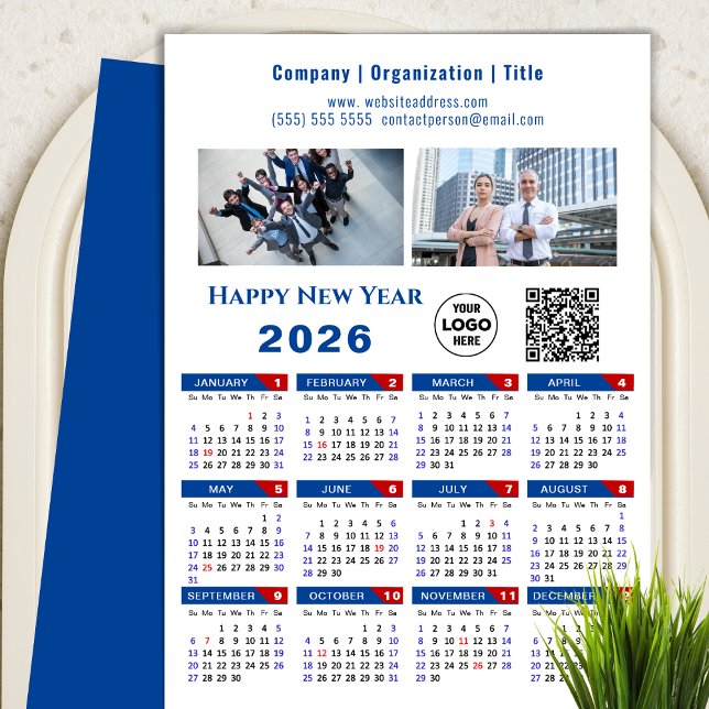 2026 Calendar Business Logo QR Code Simple Blue  Holiday Card (Creator Uploaded)